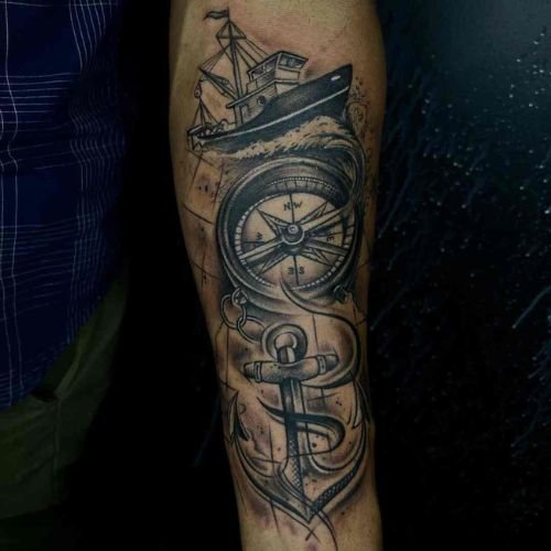 Geometric Tattoo of Ship, Sea, Compass, and Anchor on Hand at Kolkata Tattoo Shop