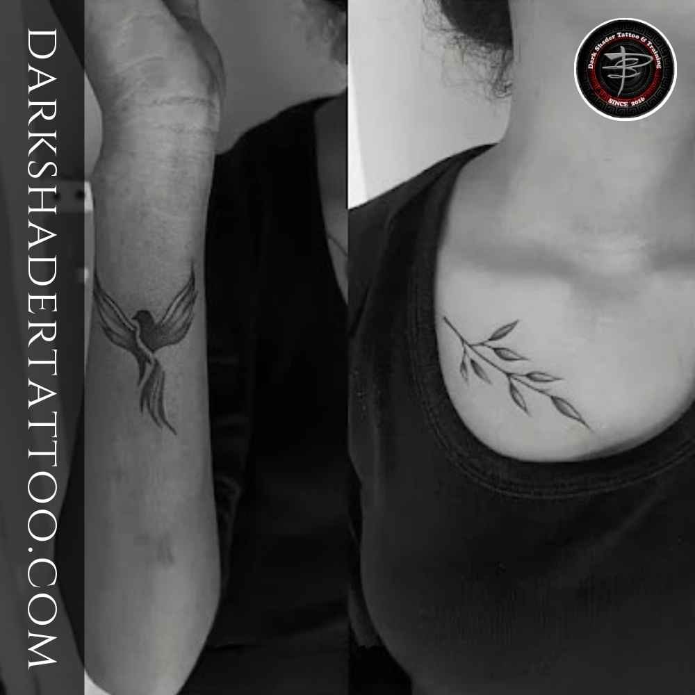 A minimalistic leaf and bird tattoo on a girl’s neck and hand, showcasing a simple and elegant design. most beautiful tattoos for girls