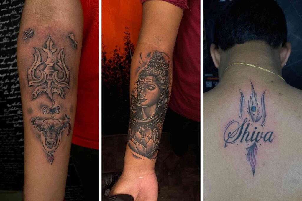 Beautiful mahadev tattoo designs banner featuring calm mahadev face, trushul with cow and om symbol, and shiva calligraphy tattoo in back.