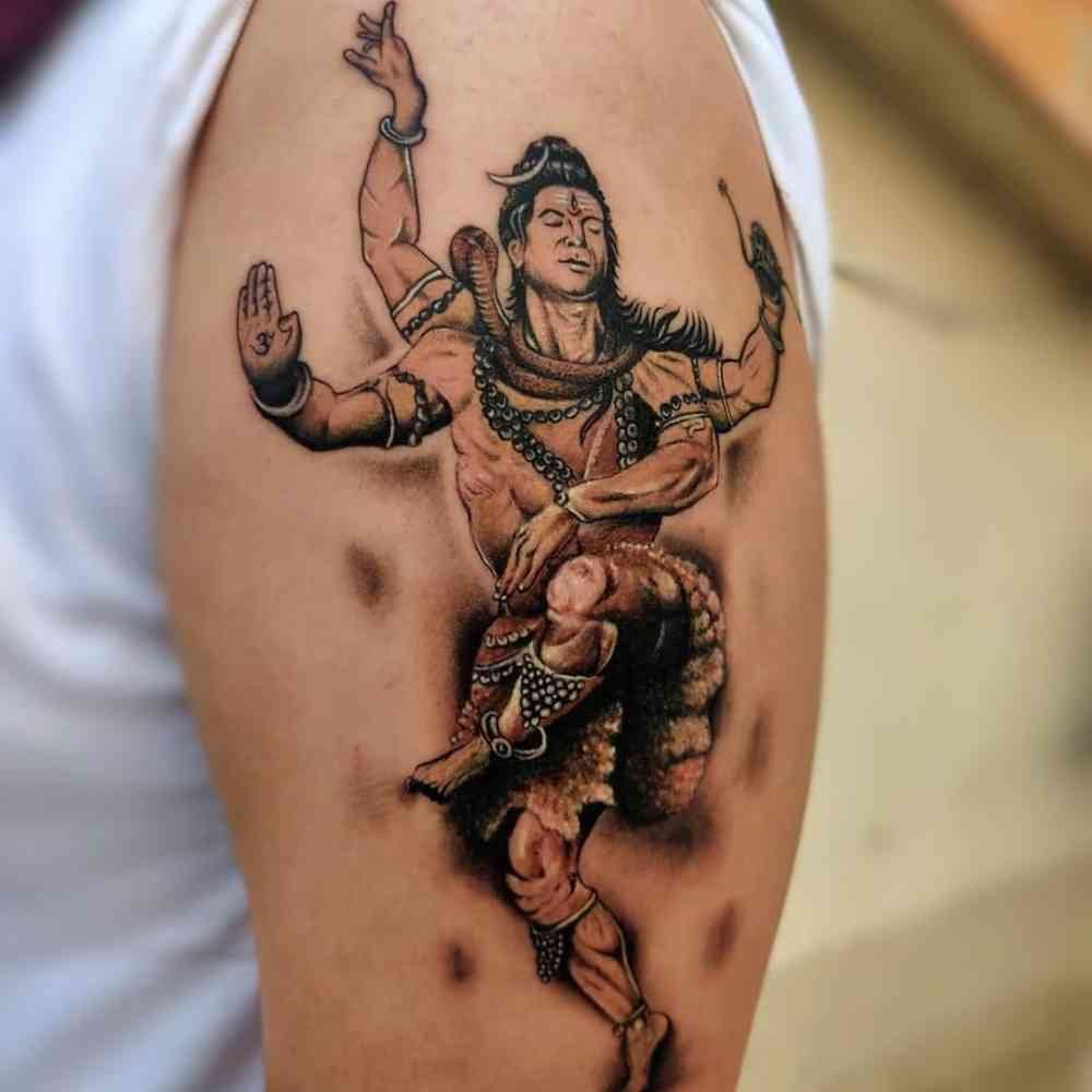 mahadev tattoo design in hand and shoulder it showing lord shiva in dancing pose in realistic way | lord shiva tattoo