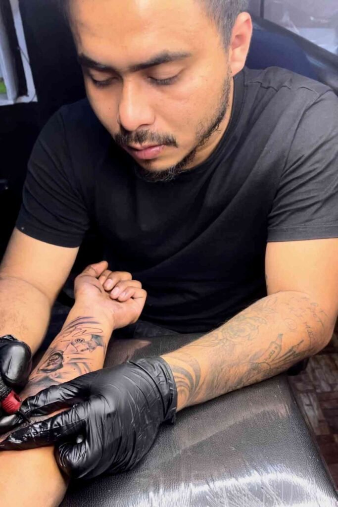 Tattoo artist Souvik Das focused on creating a tattoo with maintaining a clean and hygienic environment at Dark Shader Tattoo shop in Kolkata.